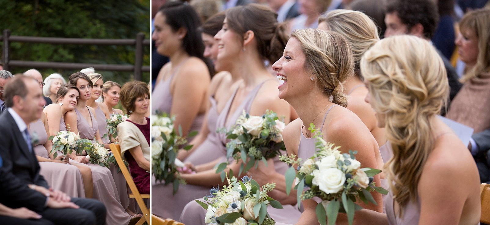 bridesmaids laughing at wedding ceremony