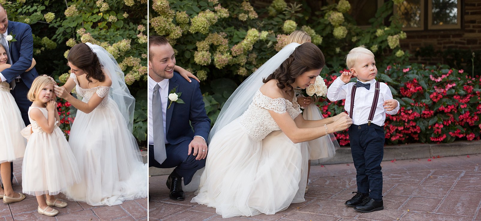 bride helping flower girl with finishing touches