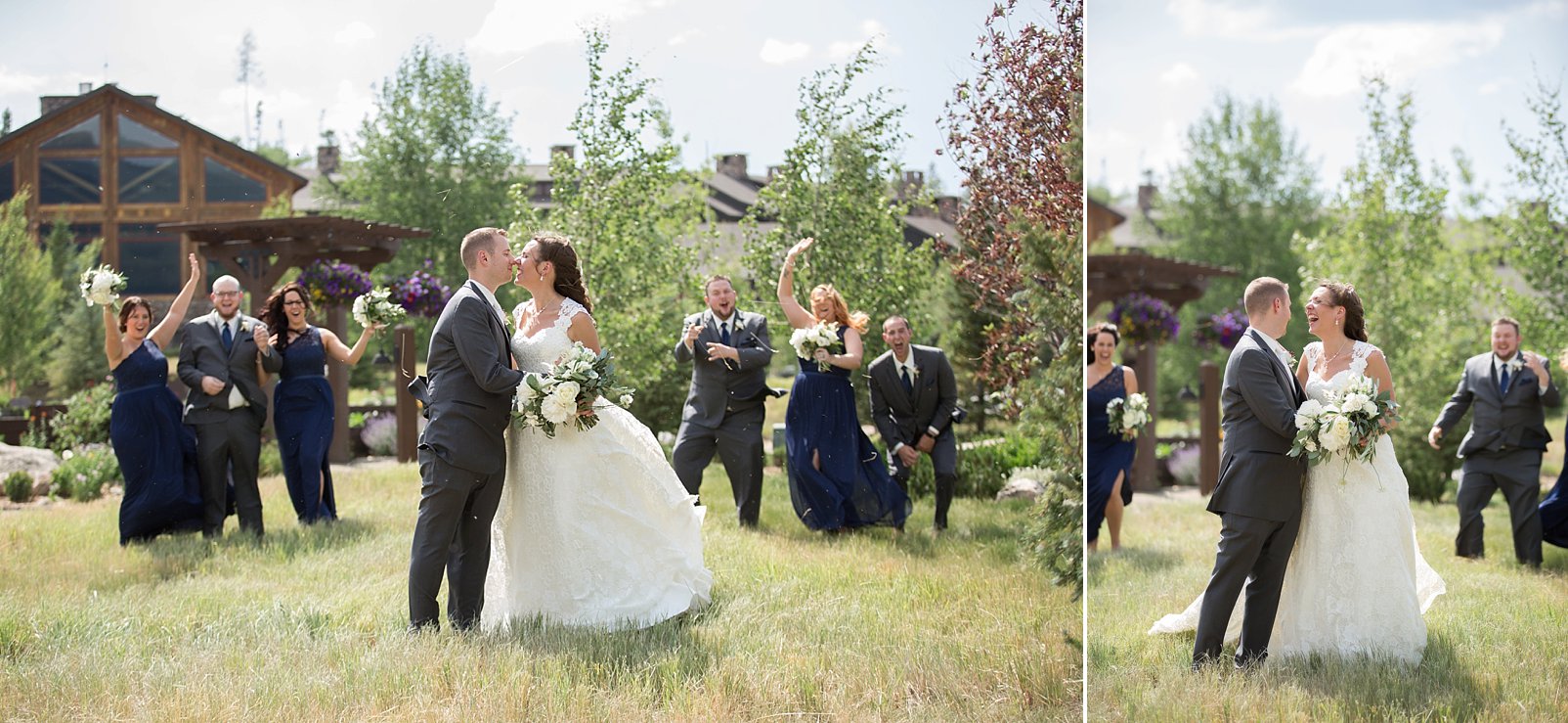 wind blowing during bridal party photos