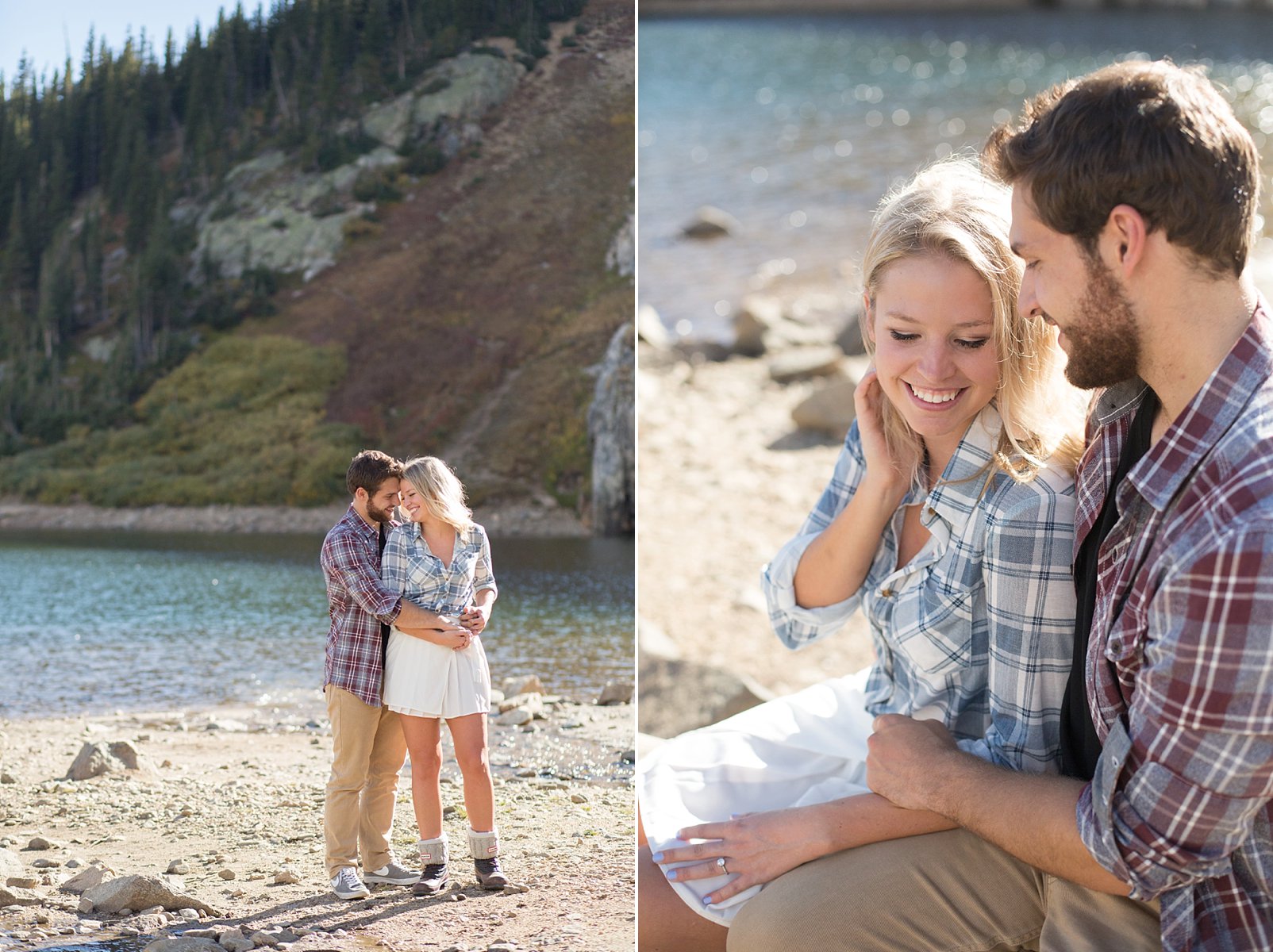 couple by st mary's lake for colorado engagement photos