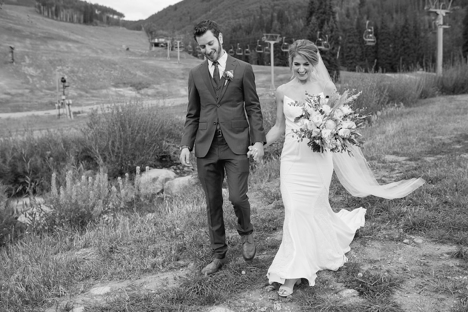 black and white vail wedding photo