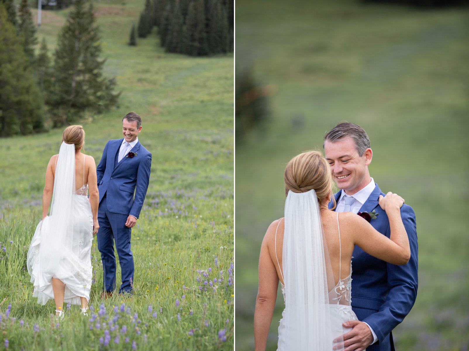 colorado mountain wedding photographer capturing the first look of bride and groom on top of vail mountain