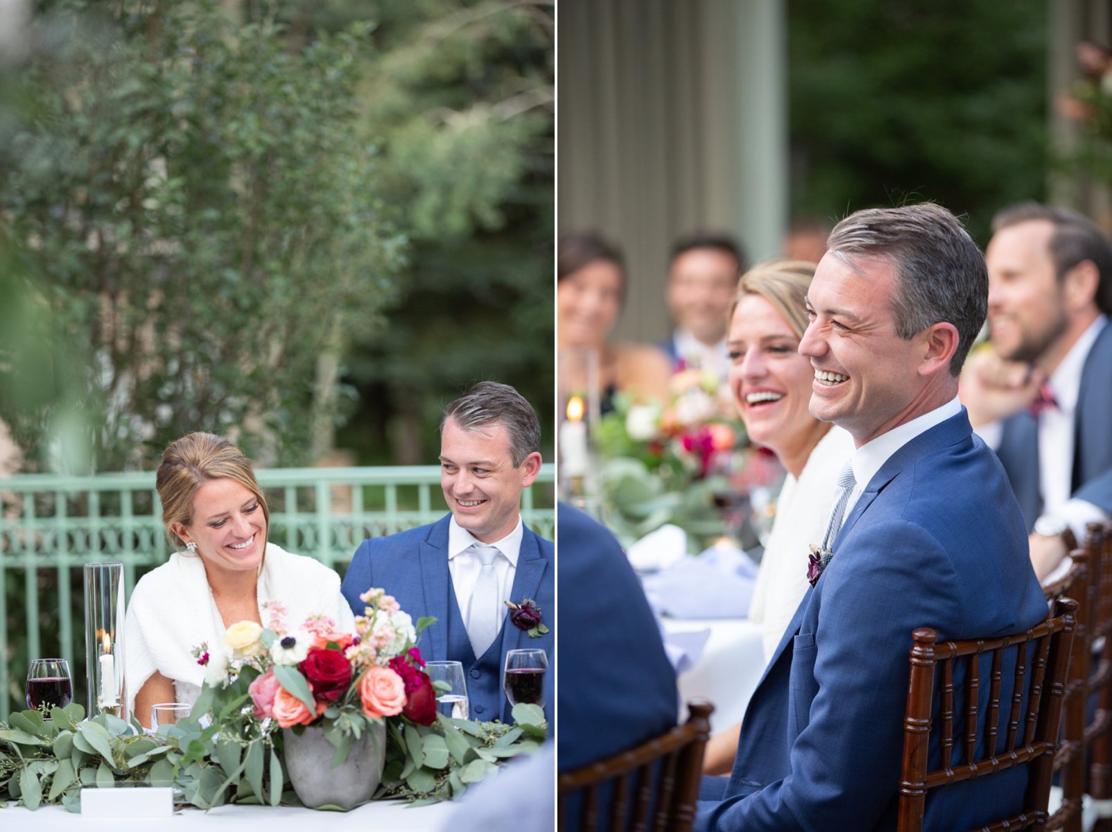 reactions of bride and groom during toasts at their colorado wedding in vail at the sonnenalp