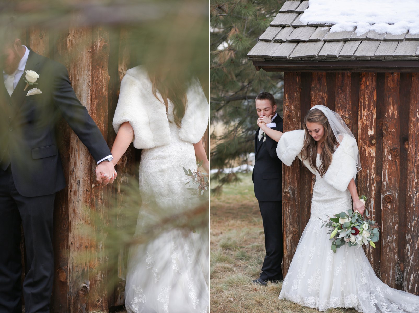 bride and groom praying before wedding at spruce mountain ranch