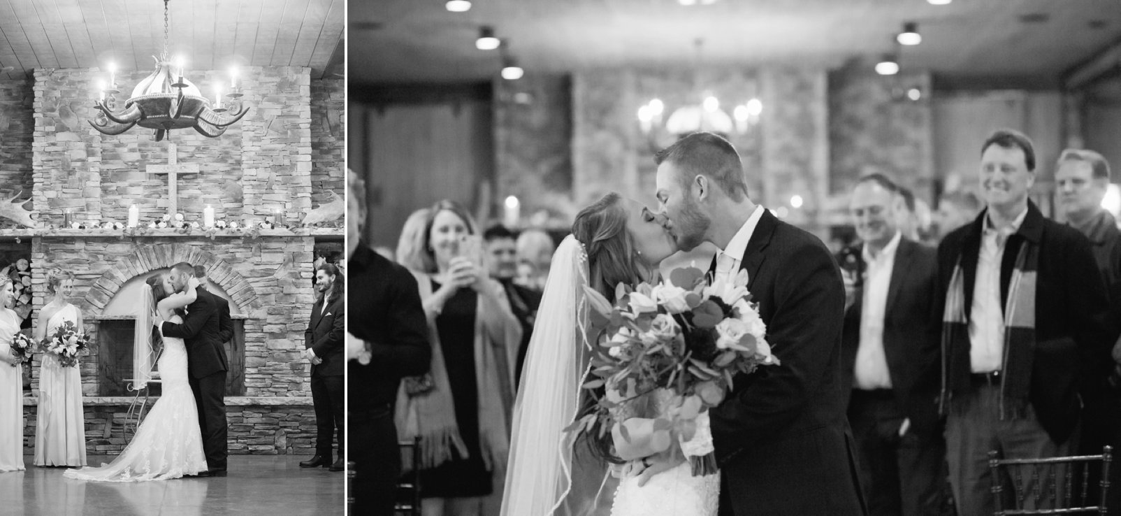 first kiss during ceremony at spruce mountain ranch winter wedding
