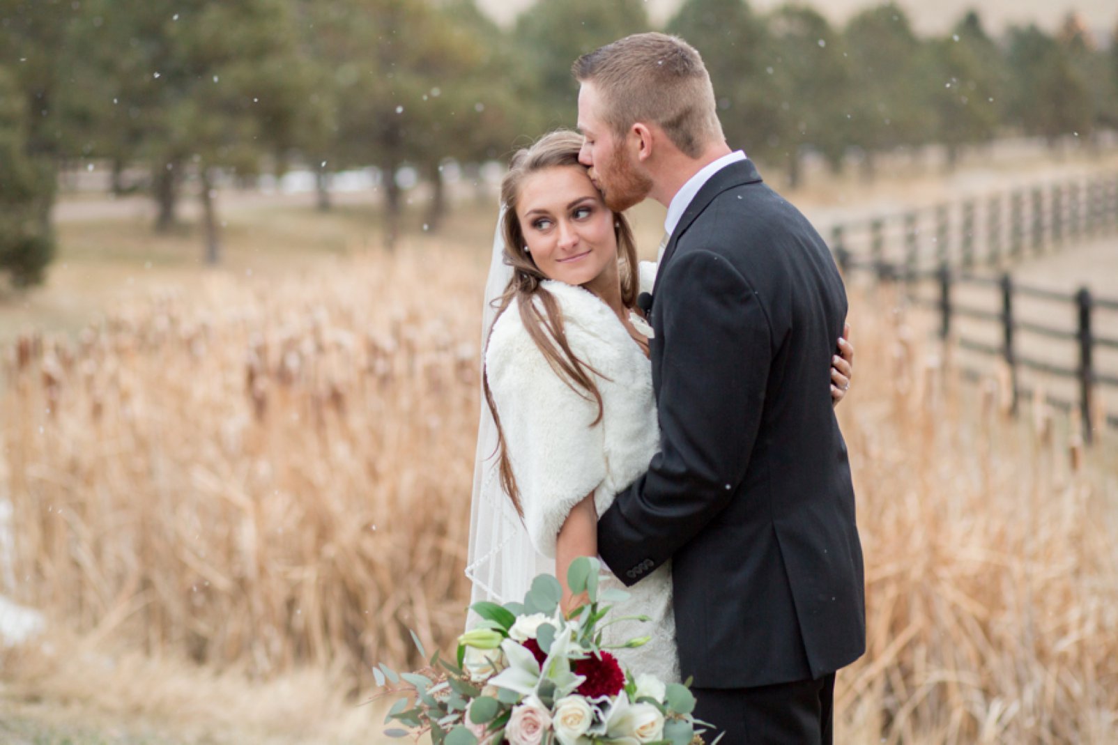 bride and groom during colorado winter wedding at spruce mountain ranch