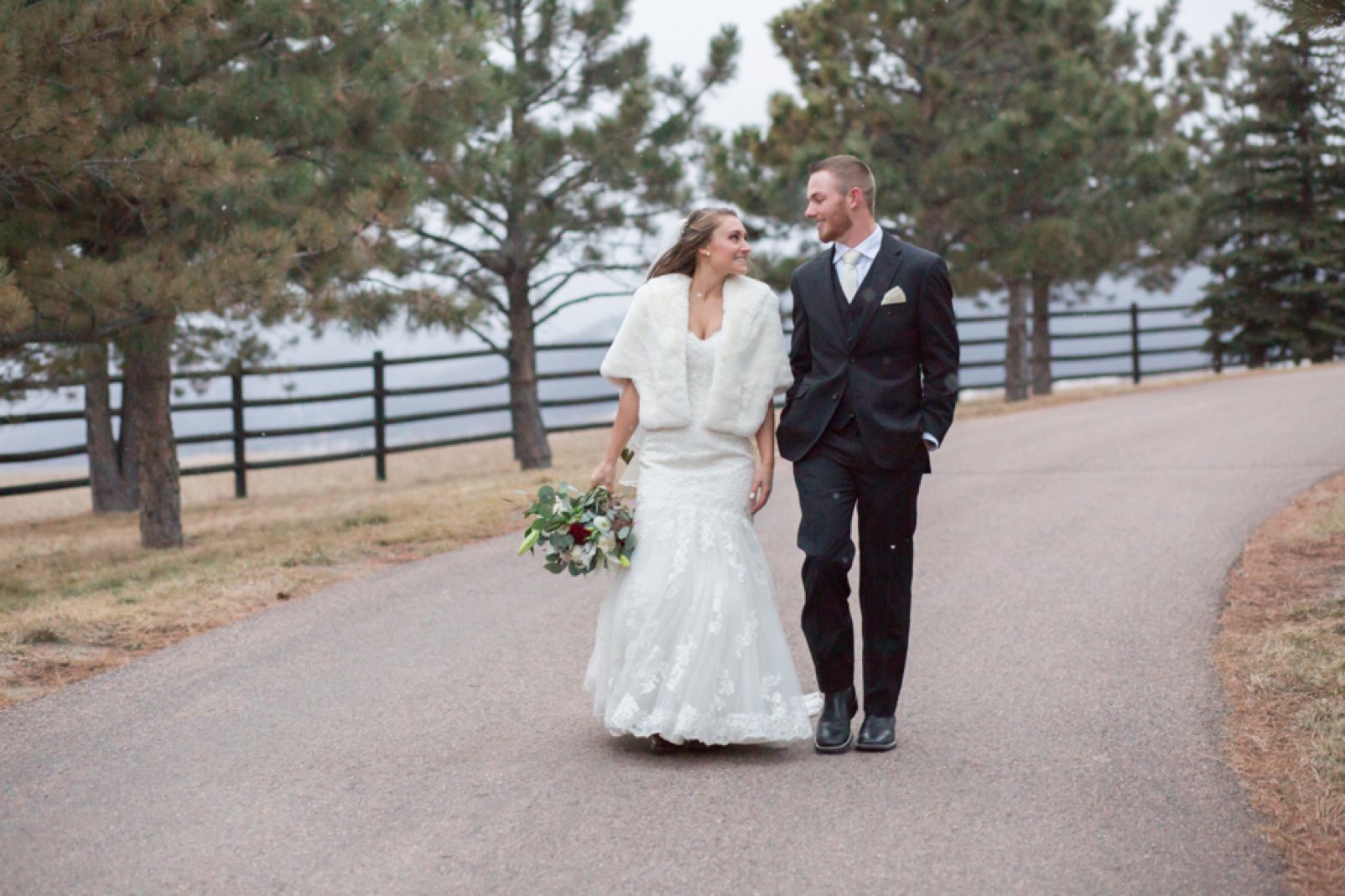 bride and groom during colorado winter wedding at spruce mountain ranch