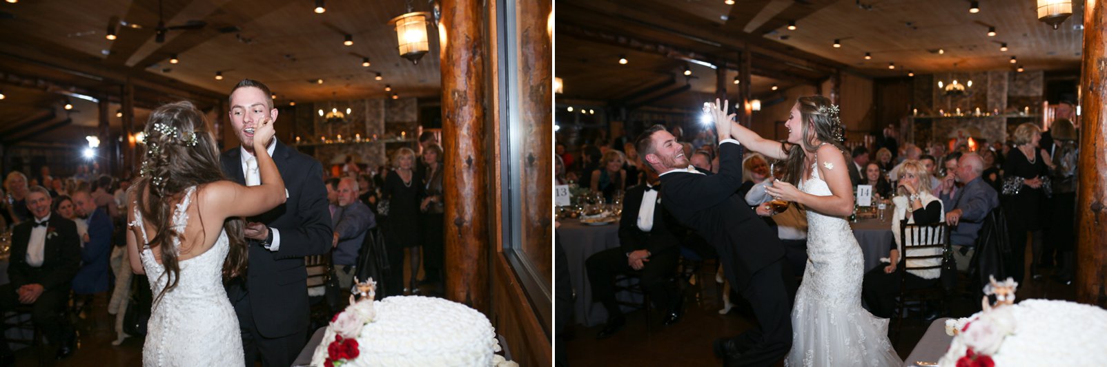 cake cutting during reception at spruce mountain ranch wedding