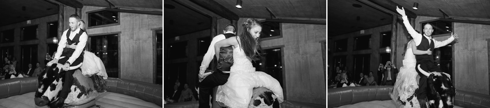 bull riding during reception at spruce mountain ranch wedding
