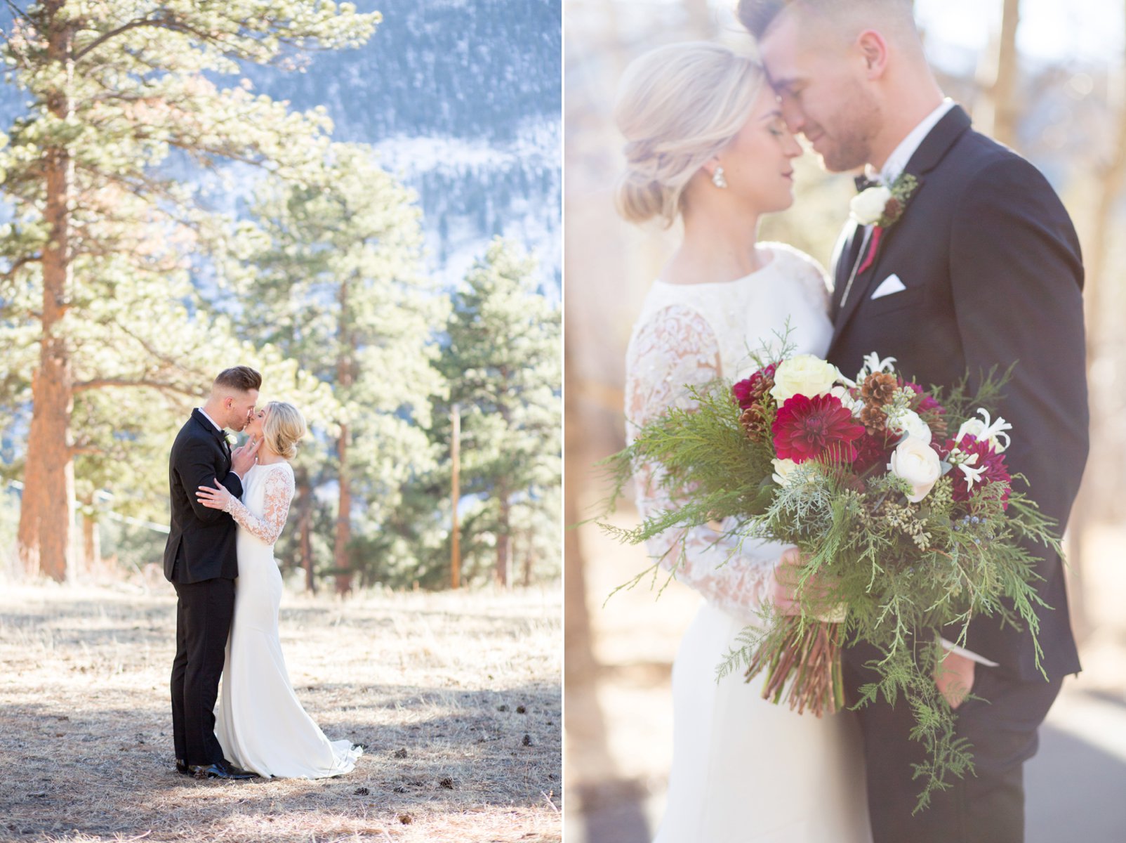 bride & groom in rocky mountain national park during colorado winter wedding