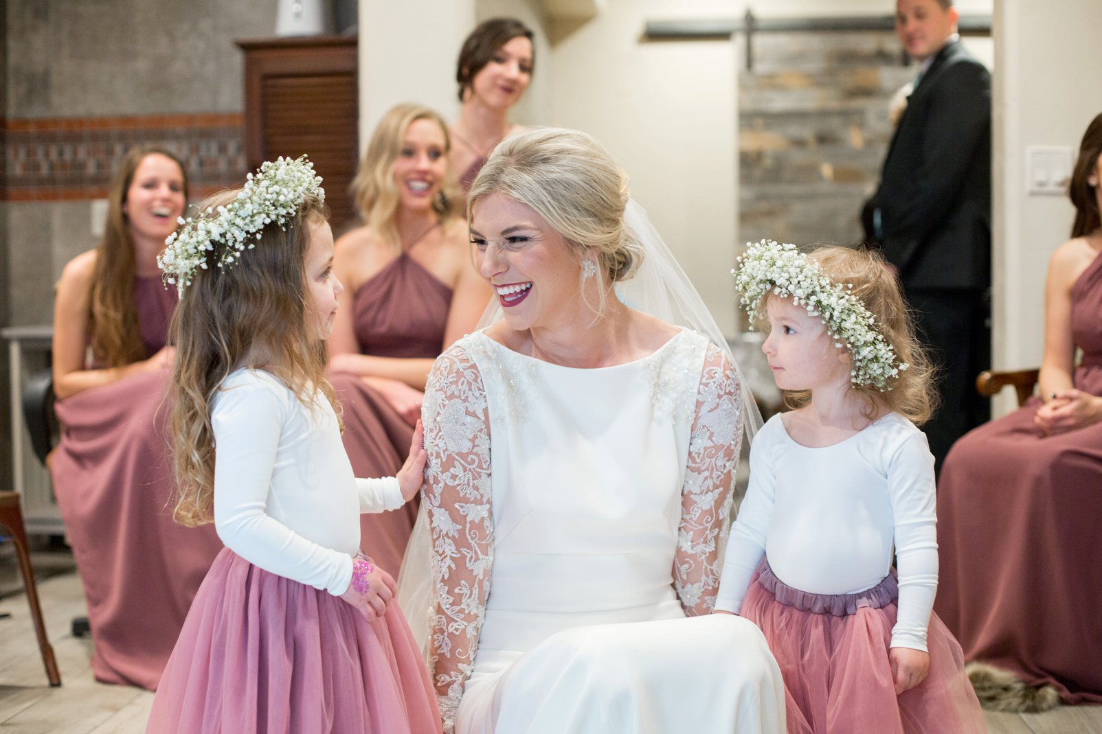 bride with flower girls at della terra mountain wedding