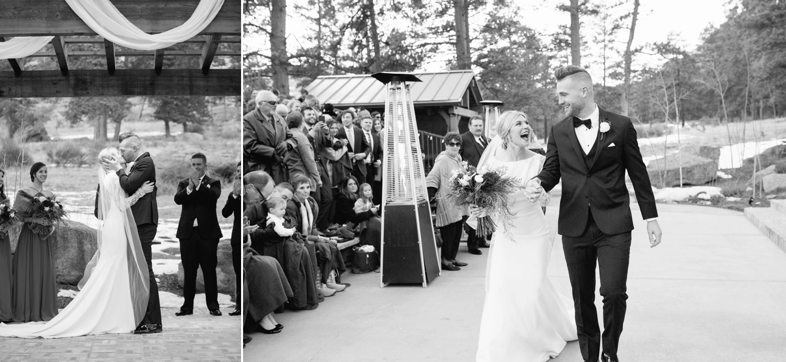 first kiss at ceremony during winter colorado wedding