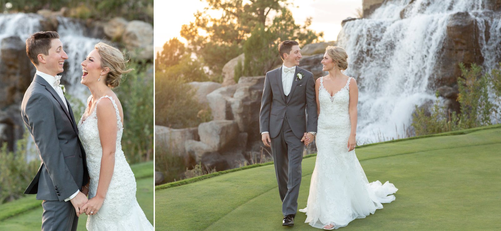 bride and groom by waterfall at sanctuary golf course wedding