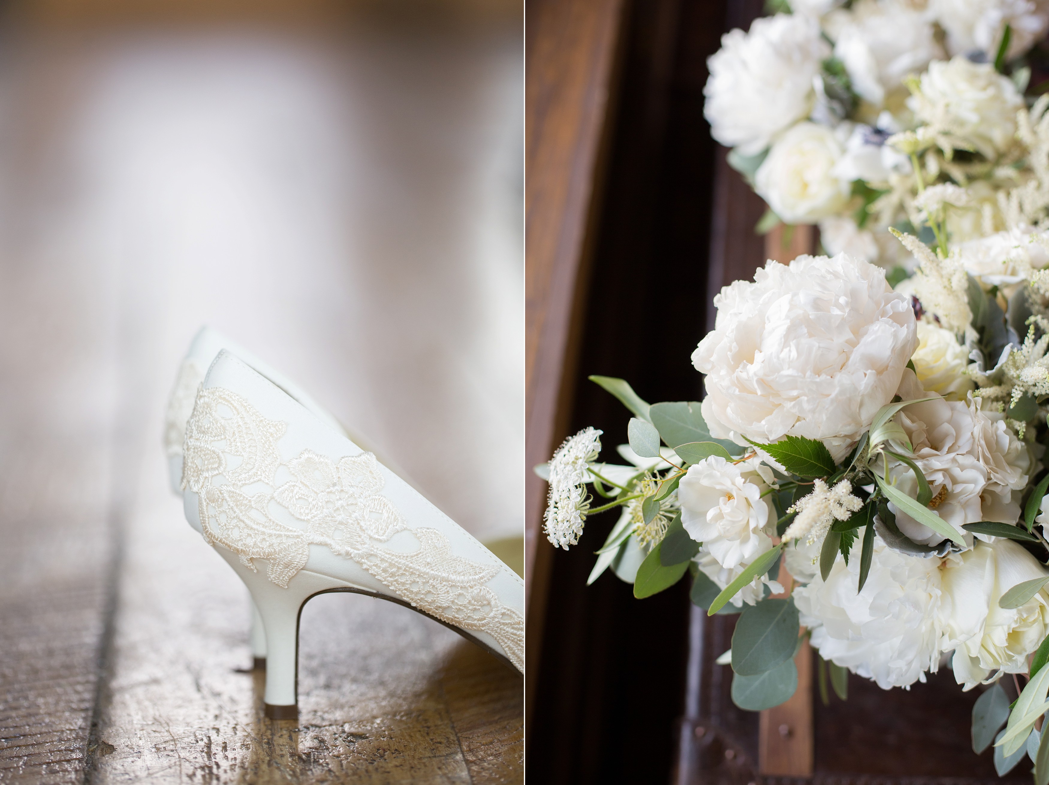 wedding shoes and bouquet at Devil's Thumb Ranch