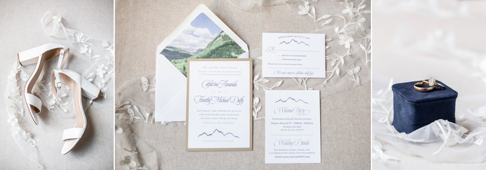 bride invitation suite and rings during sonnenalp wedding captured by colorado wedding photographer